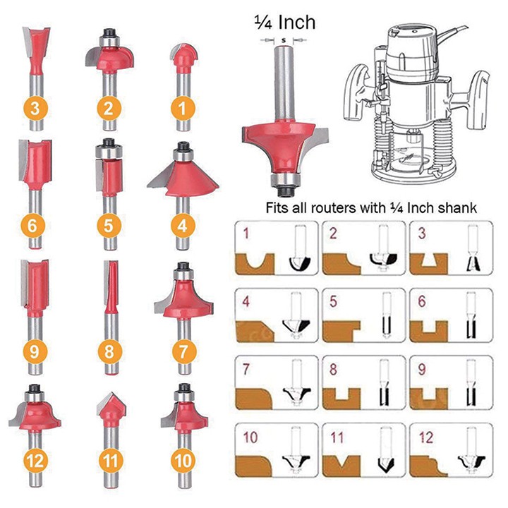 ❤️FREESHIP❤️ Bộ mũi phay gỗ cốt 6.35mm hoặc 12.7mm - bộ 12 mũi soi gỗ
