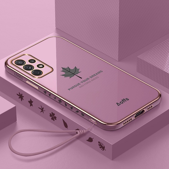 Ốp Điện Thoại Hình Vuông Họa Tiết Lá Phong Sang Trọng Kèm Dây Đeo Cho Samsung A13 A23 A33 A53 A73 4G 5G A13