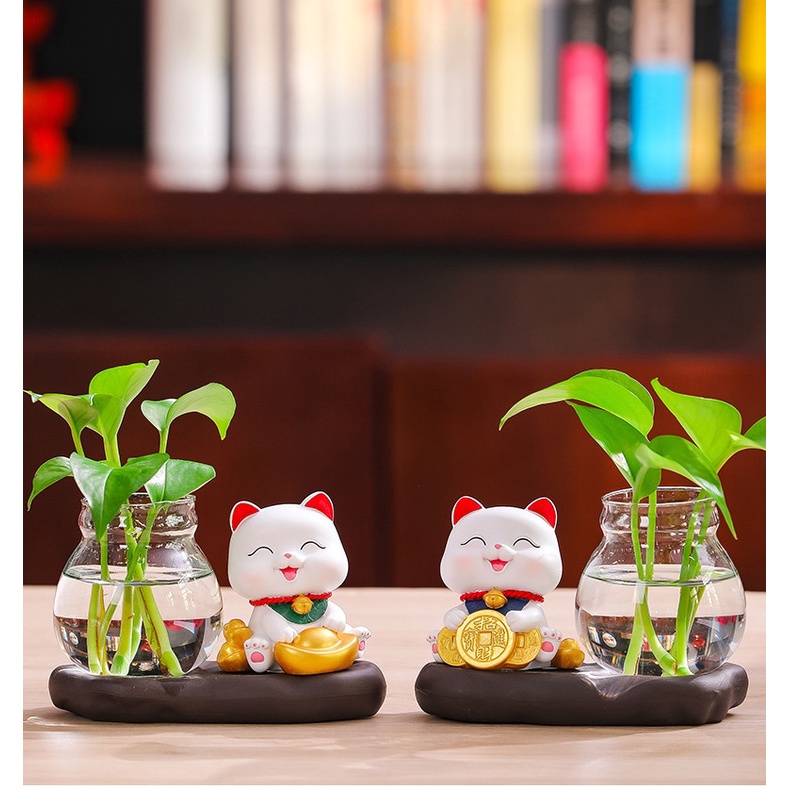 Bộ decor Mèo thần tài may mắn kết hợp cùng bình thủy sinh trang trí nhà, bàn làm việc góc học tập giúp mang lại may mắn