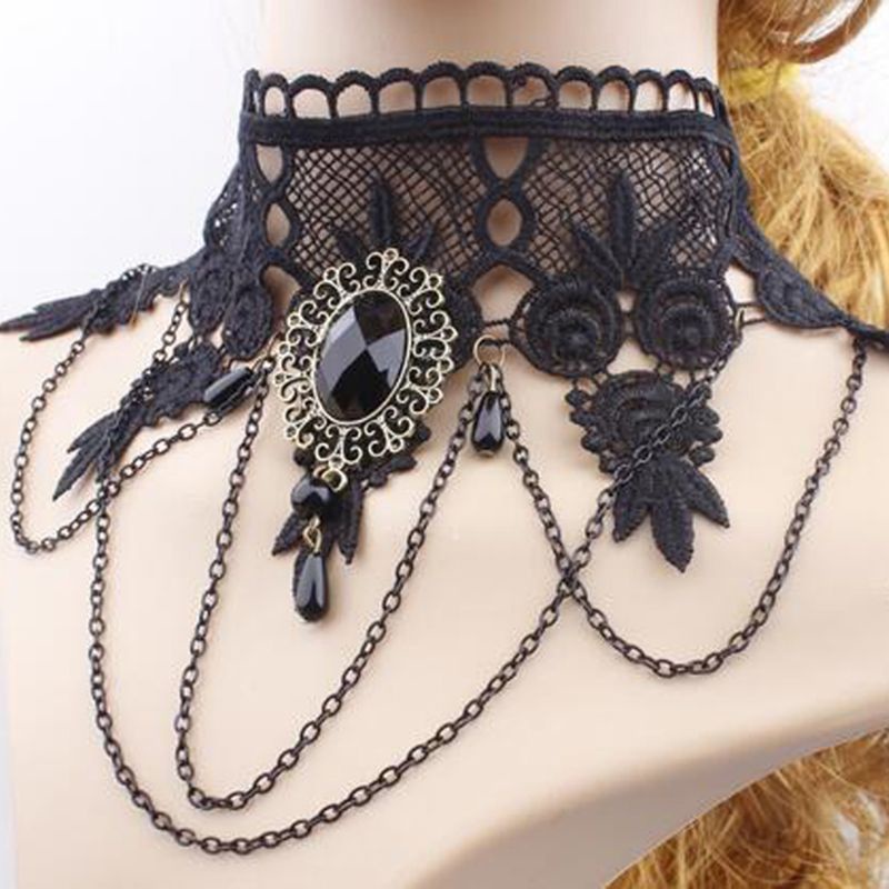 Dasbsug Gothic Pha Lê Đen Ren Cổ Choker Hip Hop Cổ Vòng Cổ Xương Đòn Dây Chuyền