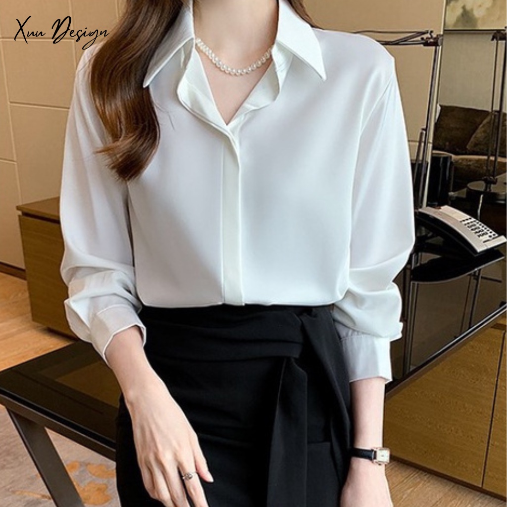 Áo sơ mi nữ thiết kế công sở Hàn quốc chất vải Lụa Hàn mềm mịn Xuu-SM01SP | BigBuy360 - bigbuy360.vn