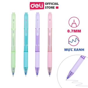 Combo 5 Bút Bi Bấm Pastel Mực Xanh Có Đệm Tay Ngòi 0.7mm Deli Giá Rẻ Viết Nét Đều Trơn Tru Cho Học Sinh Văn Phòng