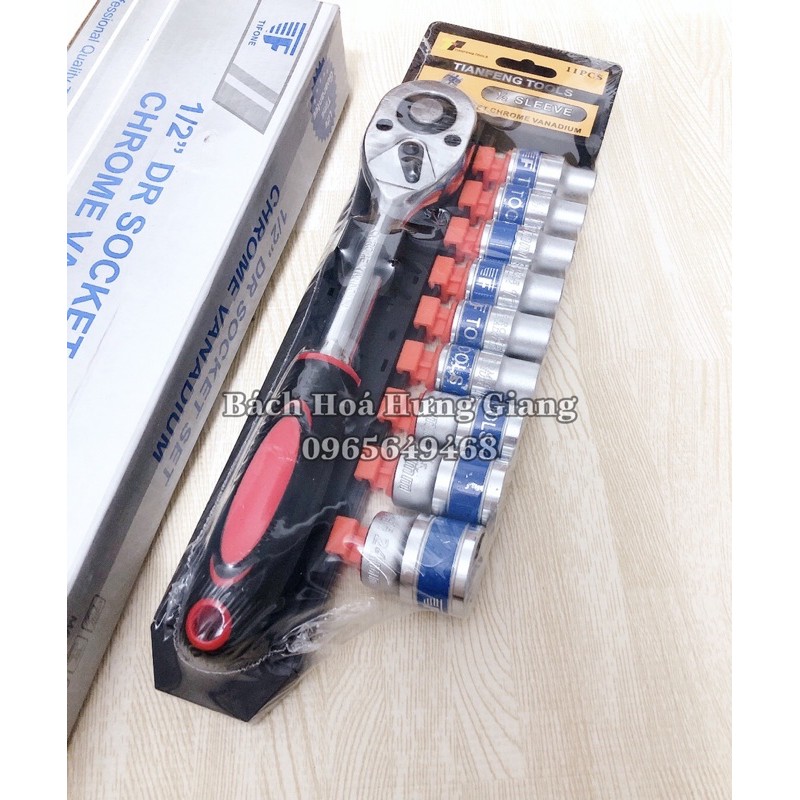 [CHÍNH HÃNG] Bộ Khẩu 10 CHI TIẾT 1/2 khẩu 8-24 Kèm Tay Vặn Khẩu 25Cm (Ảnh Thật)