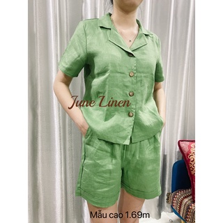 Set bộ áo danton, quần short lưng cao. LINEN TƯNG PREMIUM. Hình thật. June Linen #S88