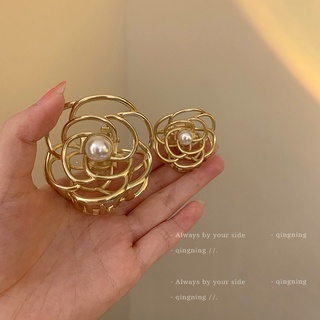 DREJEW Kẹp tóc hình hoa trà bằng kim loại đính ngọc trai kiểu Hàn Quốc thanh lịch cổ điển cho nữ