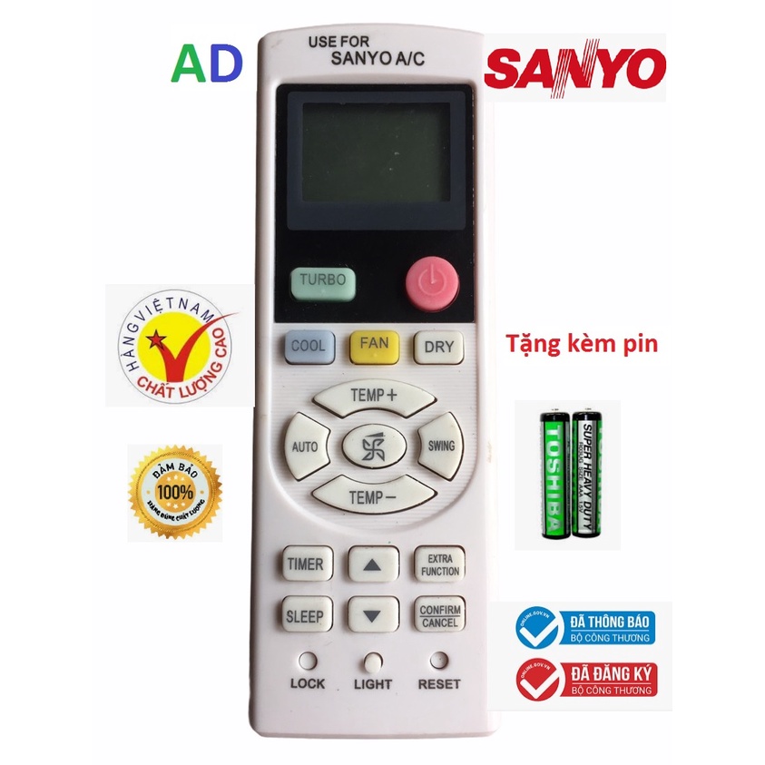 Điều khiển điều hòa SANYO nút hồng và nút TURBO loại tốt thay thế cho khiển zin theo máy  -Tặng kèm pin