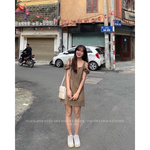 Váy tuyết mưa khoét vai tay chun the.sweaterweather TSW (ảnh thật)