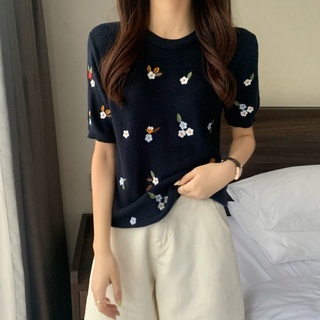 Áo ZHELIHANGFEI dệt kim tay ngắn cổ tròn thêu hoa nhỏ dễ thương thời trang cho nữ