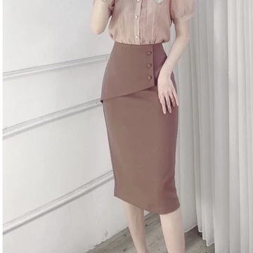 Chân Váy Công Sở Bút Chì Dáng Dài Tới Gối Có Vạt Che Bụng, Bút Chì vạt Bụng Phối 3 Cúc Ốp d68cm