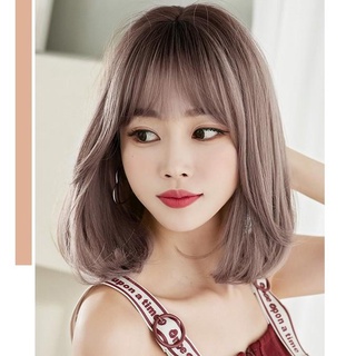 Tóc giả nữ nguyên đầu cao cấp nâu hồng, tóc ngang vai, cụp đuôi, mái thưa giống tóc thật Hamin