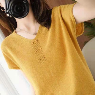 Áo thun dệt kim cổ chữ V Ice Silk Phiên bản Hàn Quốc dáng rộng mỏng hơn trông Size lớn béo MM Nữ màu trơn Nút dệt kim ngắn