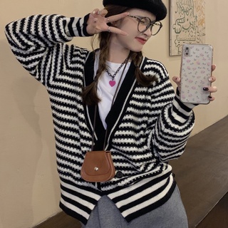 Áo Khoác Cardigan Dệt Kim Dáng Rộng Họa Tiết Kẻ Sọc Thời Trang Mùa Thu Phong Cách Hàn Quốc Mới Cho Nữ