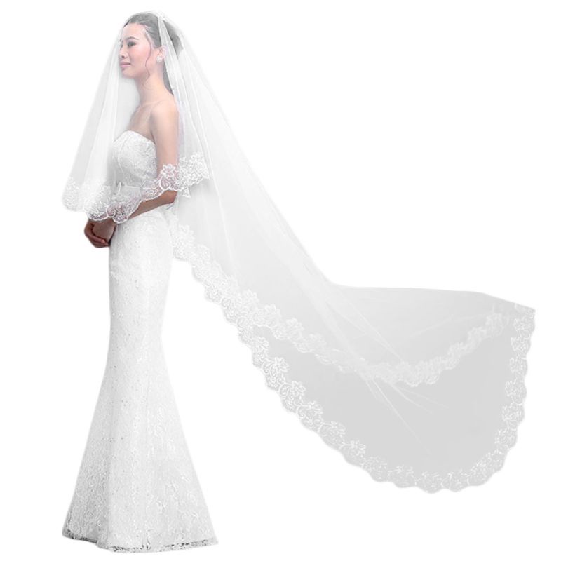Pealike Women Pure White Wedding Veil cho viền vỏ sò thêu hoa dài