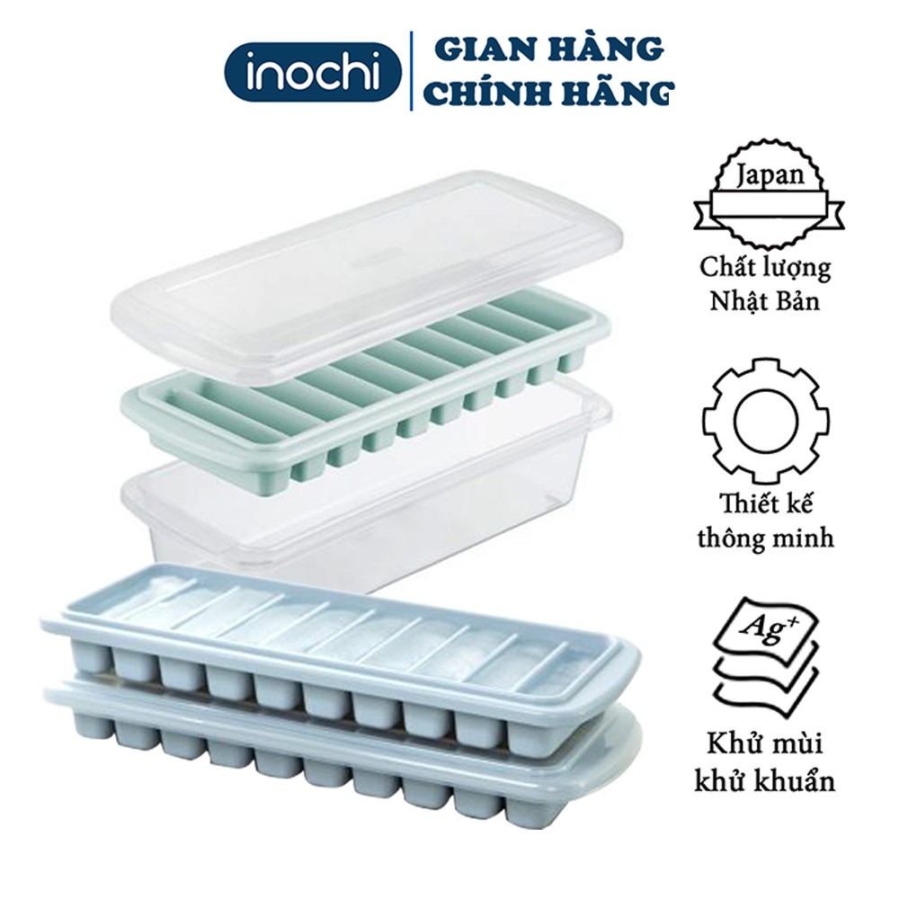 Khay đá vỉ làm đá tủ lạnh khay 10 thanh có nắp đậy bằng nhựa nguyên sinh karu inochi Nhật Bản chính hãng cao cấp KLD01