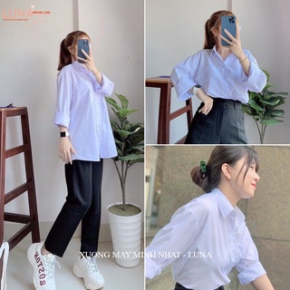 Áo Sơ Mi Đi Học Tay Dài Nữ Form Rộng Cổ Bẻ V Có Không Túi Màu Trắng Xanh  Kiểu Áo Sơ Mi Học Sinh Dài Tay Cấp 2 3 Vải Lanh |