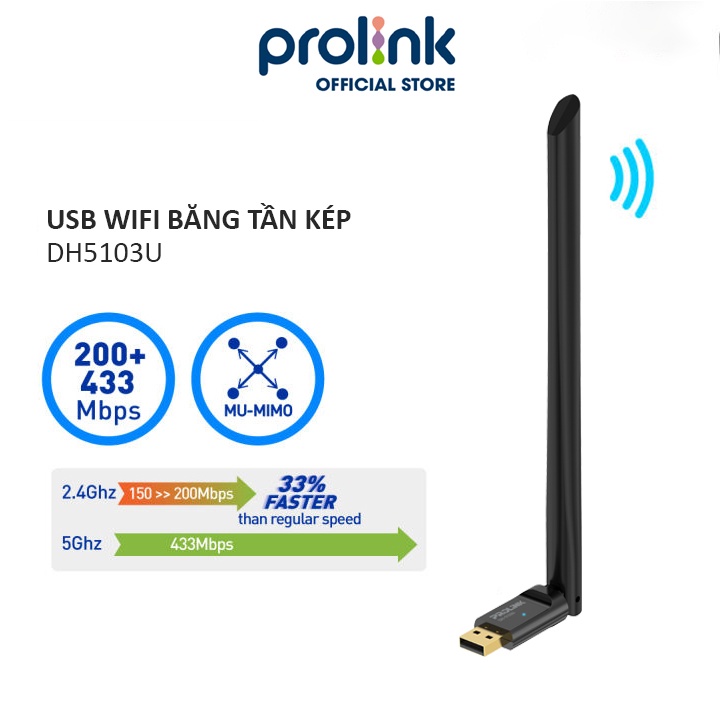 [Mã BMLTB200 giảm đến 100K đơn 499K] USB Wifi PROLiNK DH5103U băng tần kép 2.4/5G nhỏ gọn, sóng khoẻ