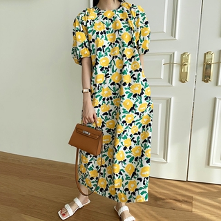 Đầm maxi Dài Dáng Rộng Tay Phồng Cổ Tròn In Họa Tiết Hoa Phong Cách Hàn Quốc Thời Trang Mùa Hè Cho Nữ Mới