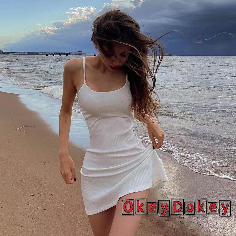 Đầm Hai Dây Mini Ôm Dáng Màu Trơn Có Gân Màu Sắc Cho Nữ