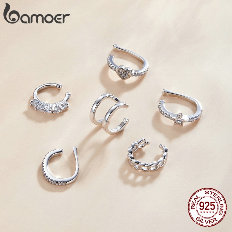 Bông tai bạc Bamoer 925 Kẹp 1 mảnh Trang sức màu vàng đơn giản dành cho nữ