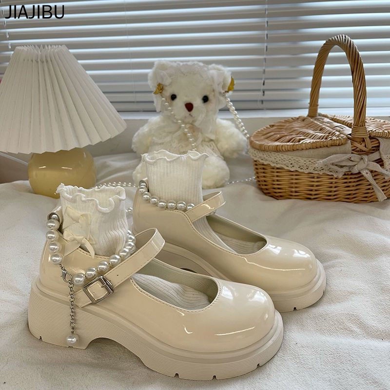 Size 35-44 Giày Lolita Màu Đen Phong Cách Hàn Quốc Thời Trang Giày Nữ Cỡ Lớn Giày Da Học Sinh Japanese Versatile Lolita Mary Jane Shoes British College Style Platform Small Leather Shoes Giày Công Chúa Đế Mềm Ngọc Trai Pháp Giày Cosplay Beige Doll Shoes