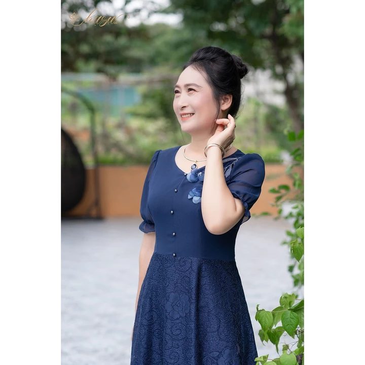 Váy trung niên/ Đầm trung niên - DV18 xanh than chân ren