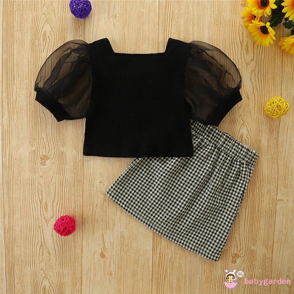 Babygarden-1-6 tuổi Bộ trang phục mùa hè cho bé gái Áo cổ vuông tay phồng ngắn màu đen + Váy chữ A Houndstooth