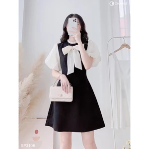 V03.váy ĐEN phối nơ ngực vải tằm cao cấp ánh nhũ màu trắng (hàng có sẵn-kèm video ảnh thật)
