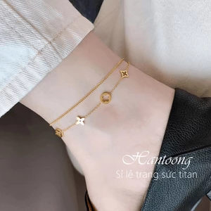 Lắc chân nữ bằng titan không gỉ thiết kế 2 tầng hình cỏ 4 lá may mắn thời trang thanh lịch
