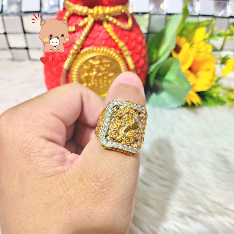 Nhẫn Nam Đẹp, Nhẫn Vàng Nam Rồng Phong Thủy Khắc Chữ Phúc Mạ Vàng 18k Cao Cấp - Người Đeo May Mắn Tài Lộc Lokalo