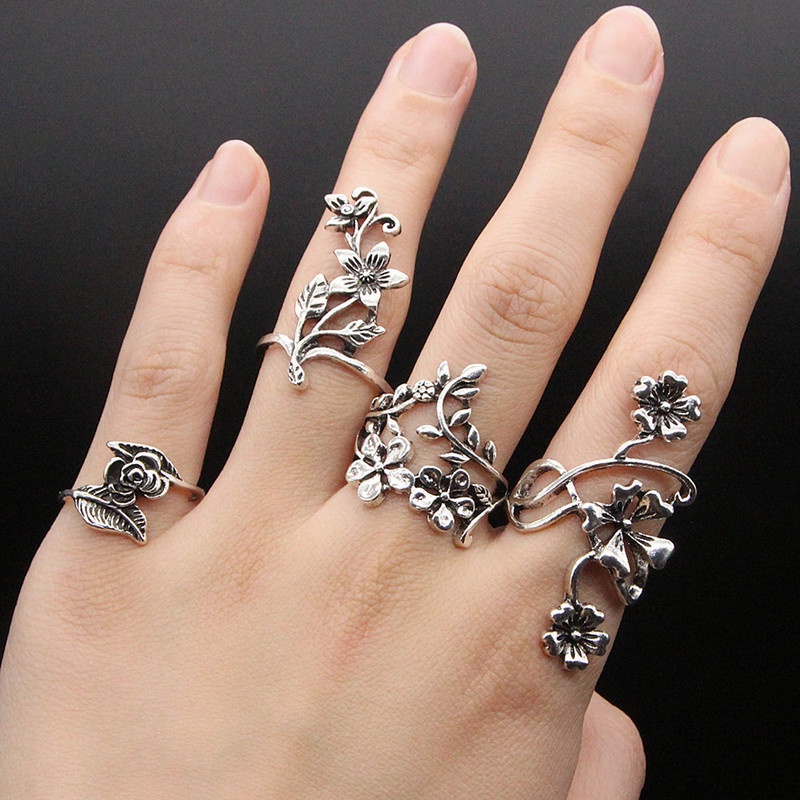 Set 4 Nhẫn Đeo Tay Kim Loại Phong Cách Vintage Cho Nữ