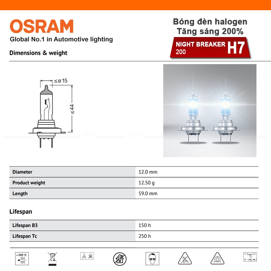 Combo 2 Bóng Đèn Halogen Tăng Sáng 200% OSRAM Night Breaker H7 64210NB200 12V 55W