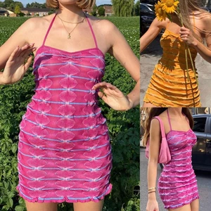 PCF * Nữ Halter Backless Dệt Kim Slim Mini Dress Boho Sọc Xù Sundress