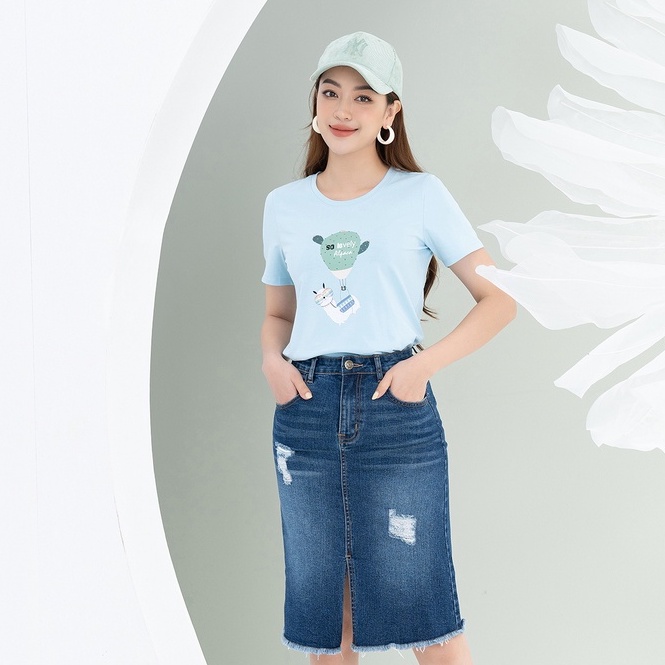 Áo phông in hình so lovely màu xanh chất liệu Cotton Compact form vừa LOZA - PT502064