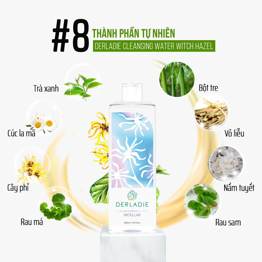 Ảnh Bộ đôi làm sạch, cấp ẩm Nước tẩy trang Derladie 500ml, Toner Natural Witch Hazel 500ml 1