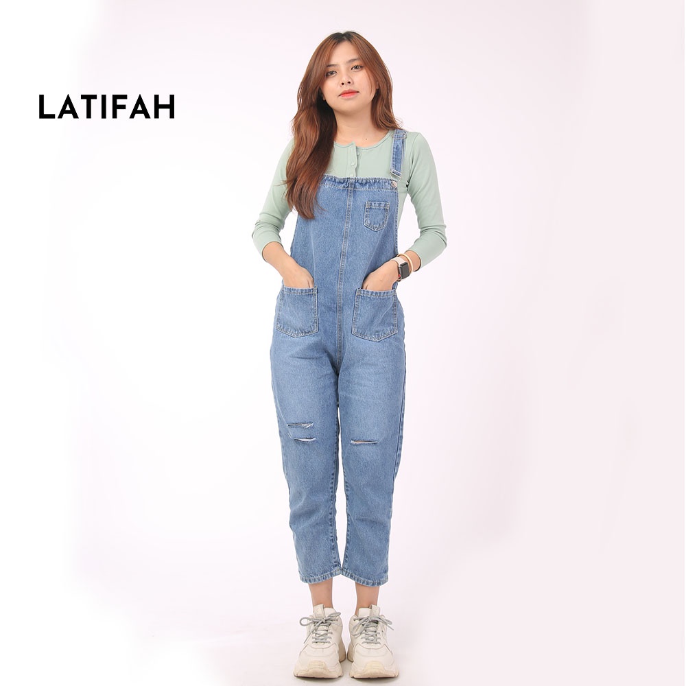 [Mã BMLT30 giảm đến 30K đơn 299K] Quần yếm jean dài nữ LATIFAH YJ002 rách phong cách ulzzang hàn quốc
