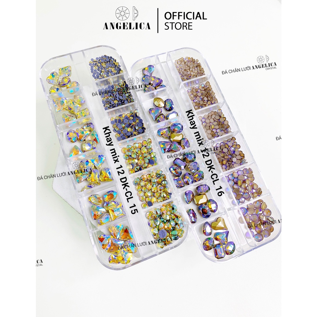 Khay 480v Đá Chân Lưới Mix Đá Khối Đính Nail Trắng AB Trang Trí Móng ANGELICA DKCL