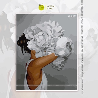 Tranh tô màu số hóa Madoca có khung 40x50cm Cô gái mẫu đơn trắng nghiêng phải T597