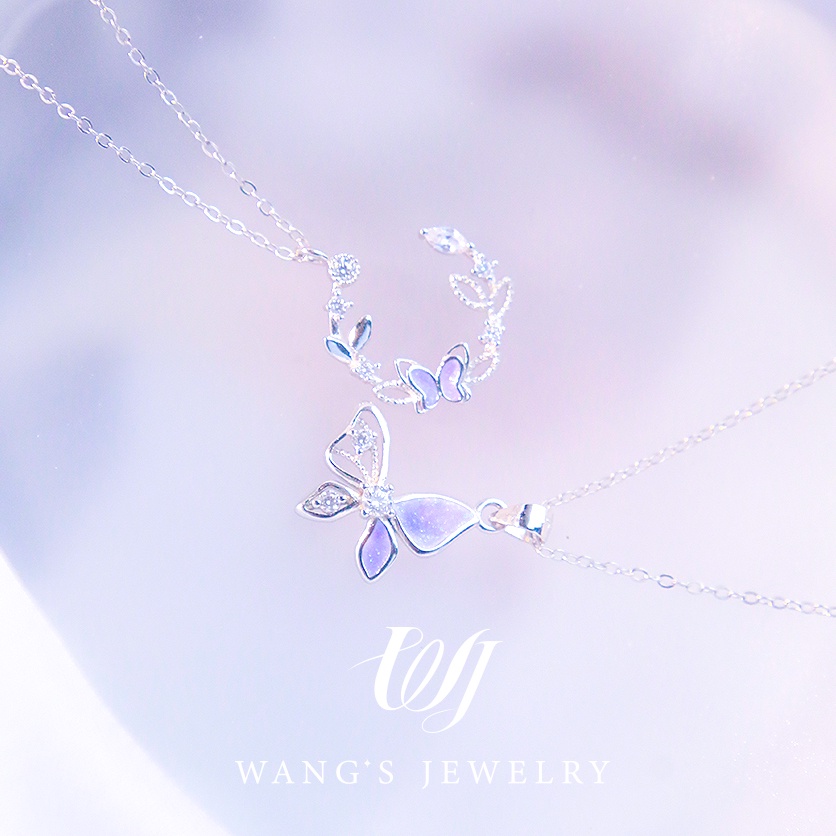 Set Vòng cổ 100% Bạc S925 Mặt Hình Bướm Màu Tím Dành Cho Cặp Đôi Dây chuyền bạc nữ  mặt hồ điệp xinh xắn Butterfly Necklace set 2