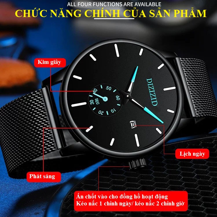 Mô tả Đồng hồ nam chính hãng DIZIZID dây thép lụa đen Chạy Full 5 kim - Có lịch ngày - Thiết kế trẻ trung hiện đại DZZ89 - 6