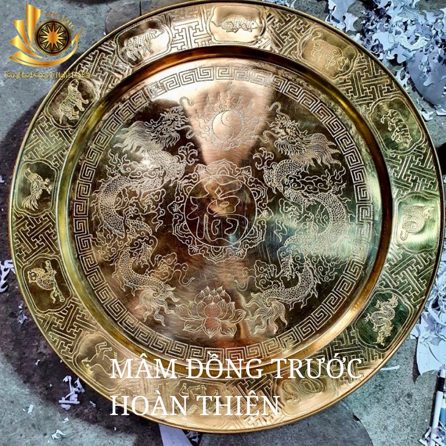 Mâm Đồng Vàng Mâm Đồng Chạm Song Long ĐK 60cm 3,3 Kg Hàng Dày Kỹ Loại 1 Gò Tay Tổng Kho Đồng Đại Bái Miễn Ship