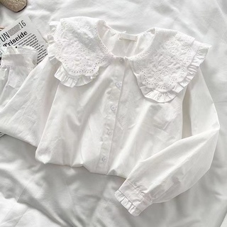 Áo Sơ Mi Nữ Tay Dài Cổ Búp Bê Phối Ren Phong Cách Hàn Quốc baju baju wanita Lenan panjang