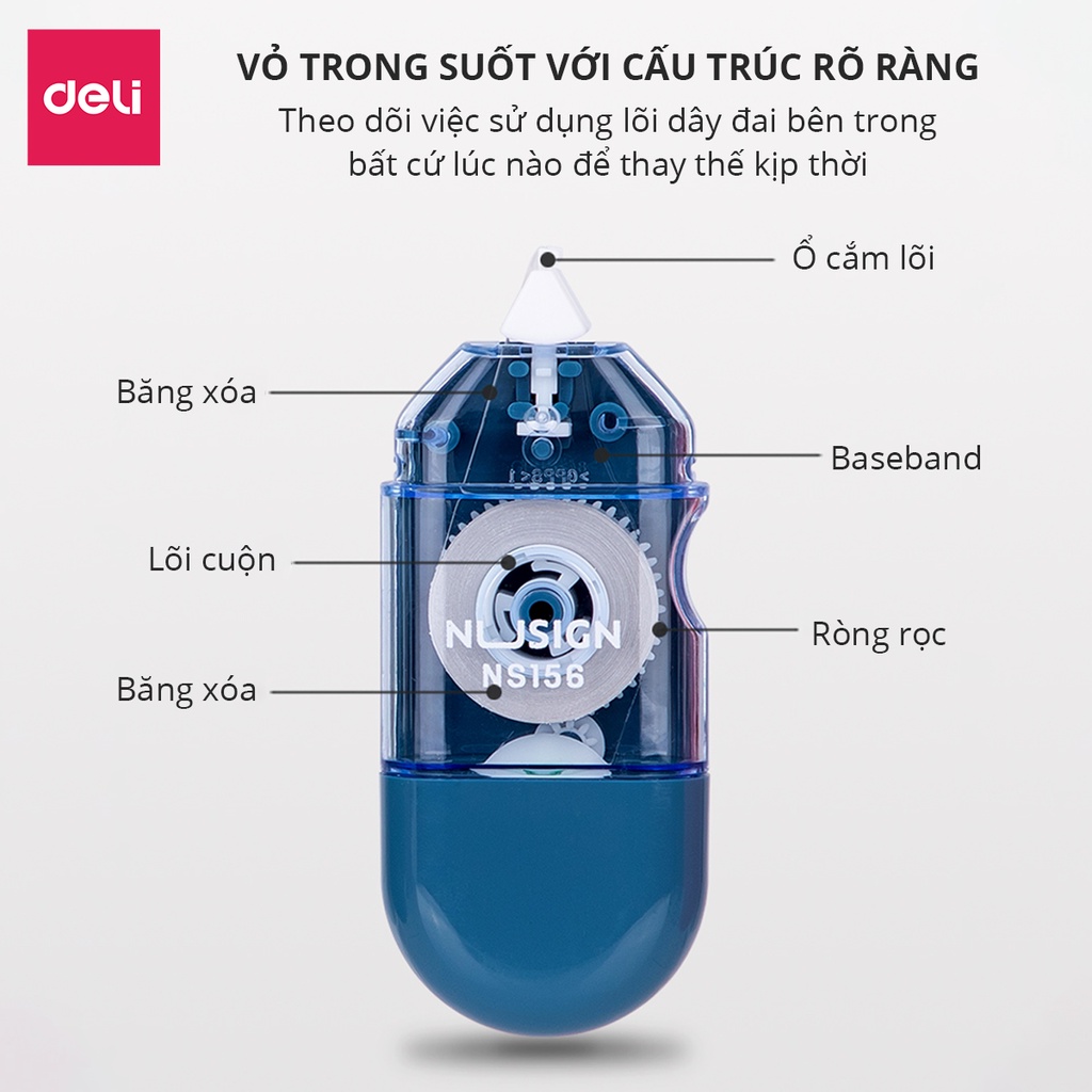 Bút Xóa Băng Kéo 6M 12M Dạng Film Cao Cấp Deli - Tiết Diện Xóa 5mm - Kéo Băng Mượt Che Phủ Tốt, Có Thể Viết Đè Lên