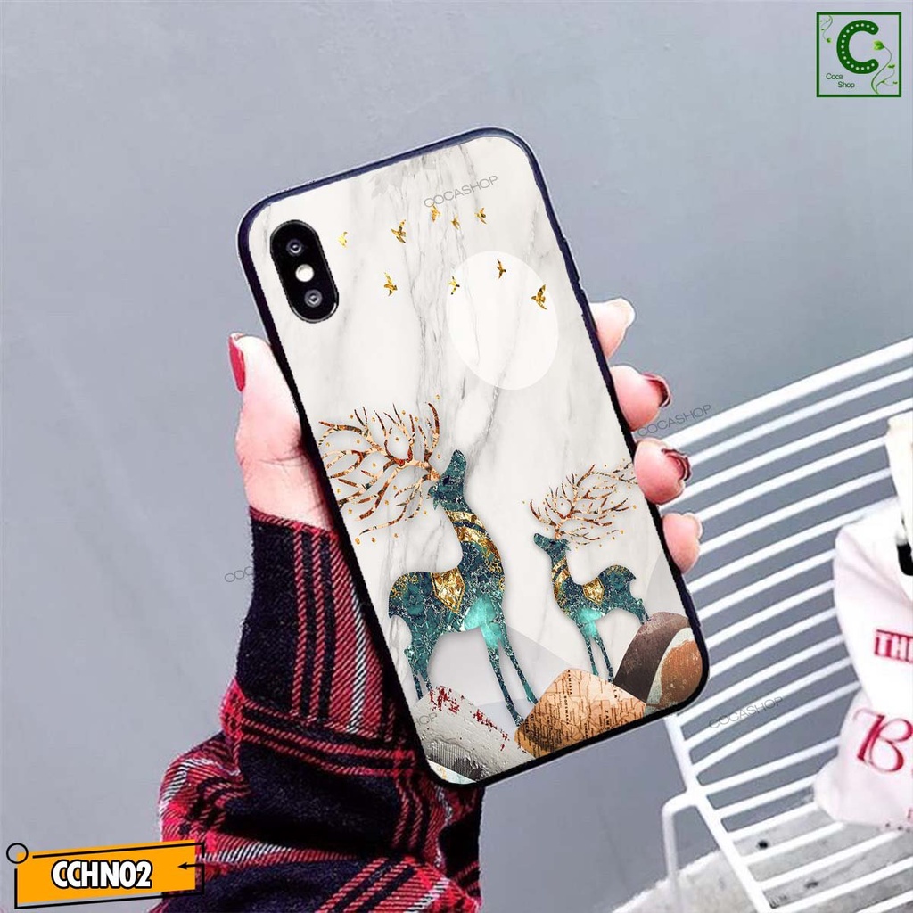 Ốp lưng iphone mặt kính cao cấp  - Đôi hươu màu sắc sang trọng quý phái - 6/6plus/6s/6splus/7/7plus/8/8plus/x/.....
