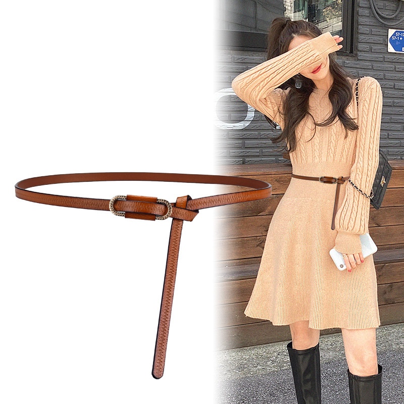 Dây nịt đầm liền, Thắt lưng váy liền thời trang  nữ, bản nhỏ, da thật, khóa thắt kim loại thời trang W34