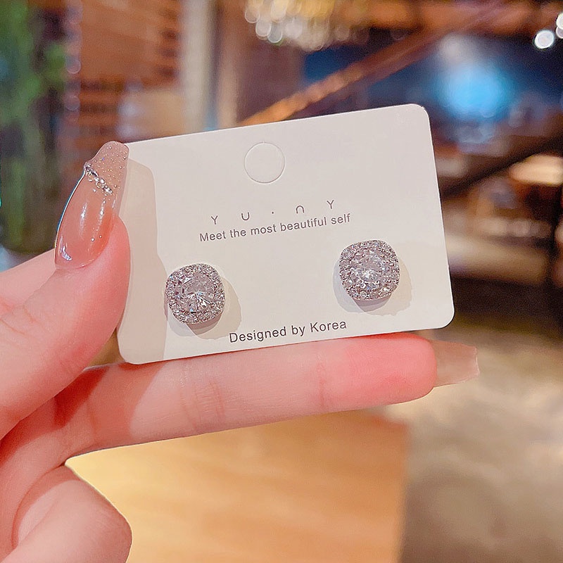 Shuling S925 kim bạc Zircon Khối Bông tai kim cương Bông tai bạc đơn giản cổ điển
