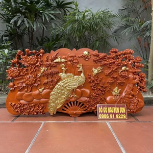 Tranh quạt phu thê viên mãn-gỗ hương đỏ dát vàng cao cấp