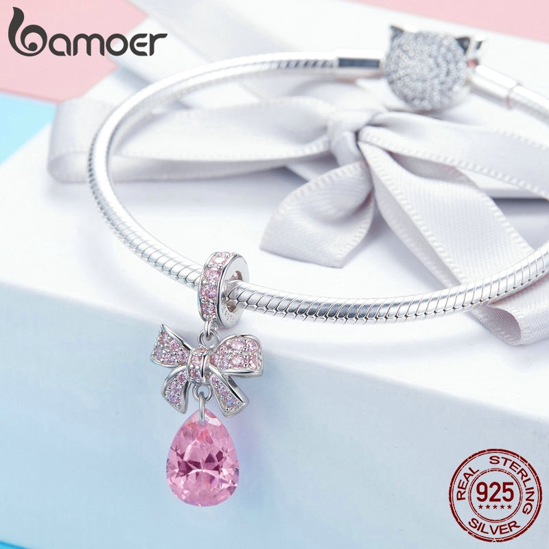 Mặt dây chuyền BAMOER hình nơ và giọt nước đính đá màu hồng bằng bạc 925 nguyên chất Sc1074