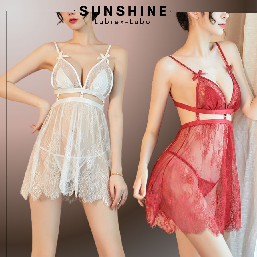 Váy ngủ Nữ ren sexy 2 dây gợi cảm hai dây voan mỏng quyến rũ Màu Đỏ, Trắng SUNSHINE HB1534