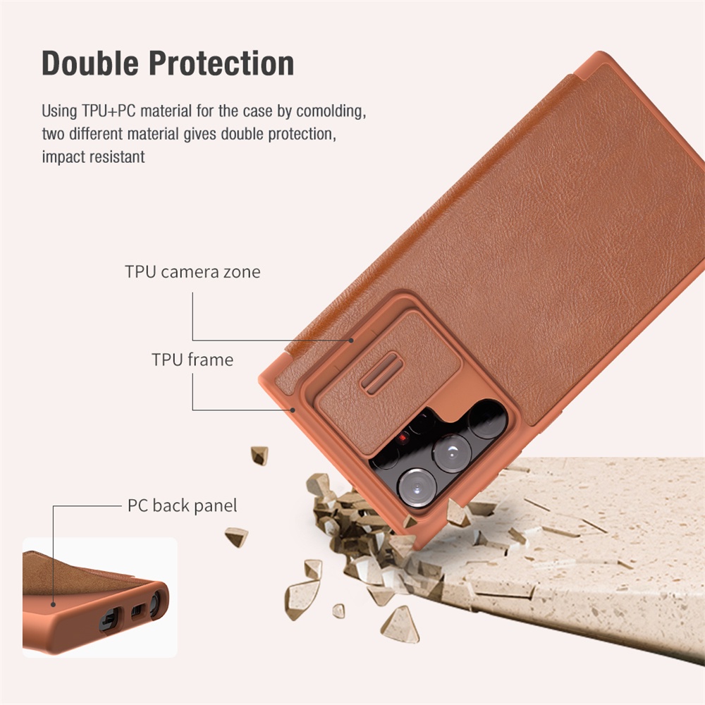 Nillkin Dành Cho Samsung Galaxy S22 Ultra / S22 / S22 + / Plus / S23 Ultra Qin Pro Flip PU Da Trơn Vải Bảo Vệ Ống Kính Máy Ảnh Trượt Vỏ Điện Thoại Vỏ Bảo Vệ