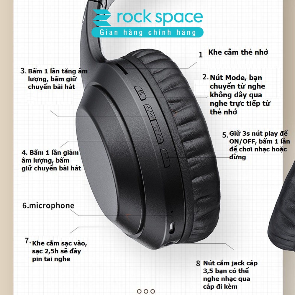 Mô tả Headphone tai nghe bluetooth chụp tai không dây Rockspace O2 có mic hàng chính hãng BH 1 năm - 7